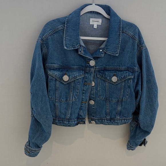 Frame Sea Level Ruched Sleeve Denim  Jean Jacket - Picture 2 of 10